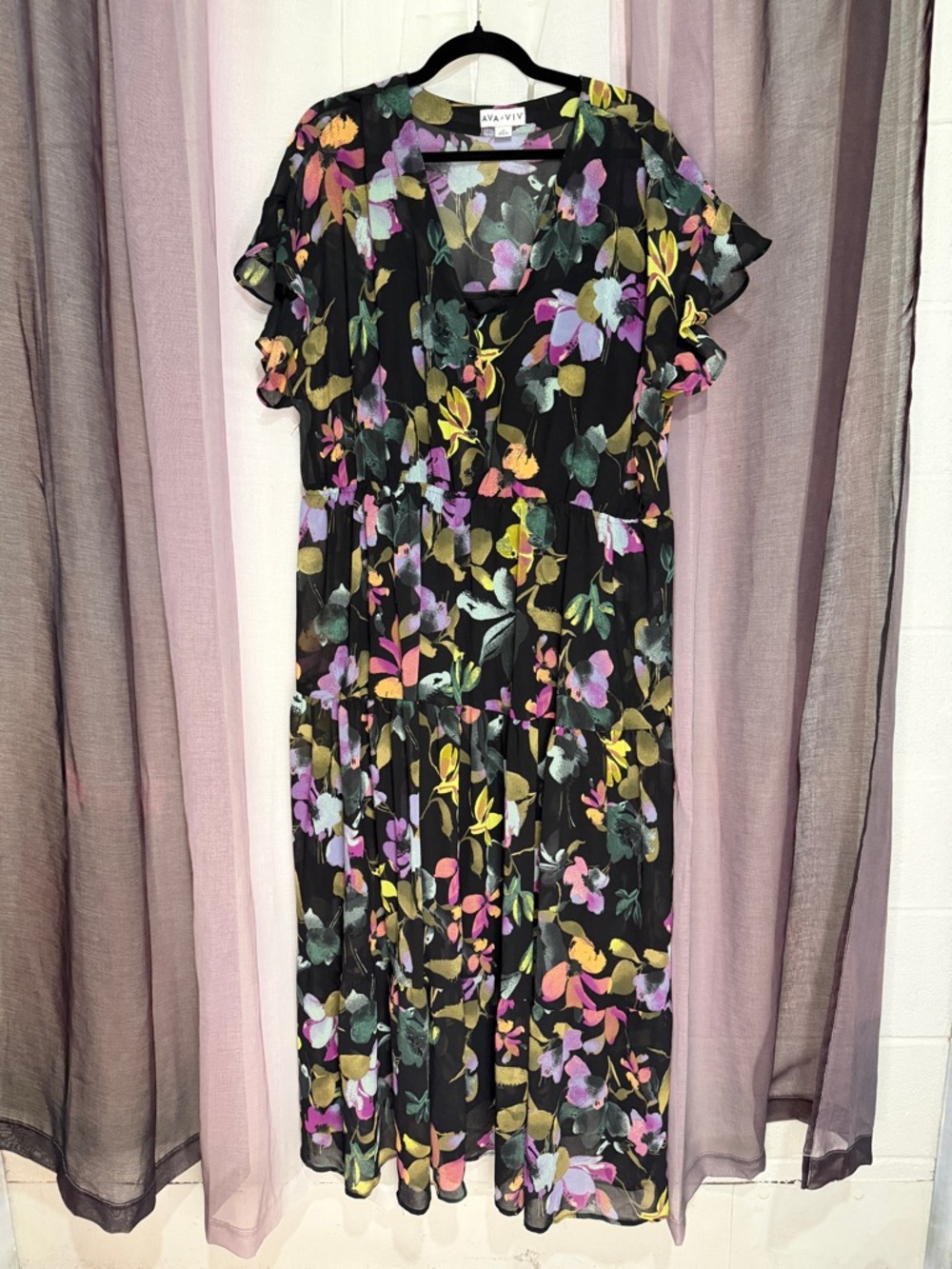 Ava & Viv Black Floral Maxi Dress with Pink, Yellow, Green Accents